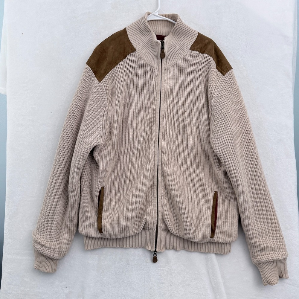 Orvis Sweater Mens L Cream Full Zip Shoulders Patch Heavyweight Knit